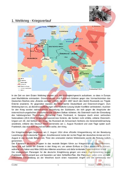 Arbeitsblatt 1 Weltkrieg Kriegsverlauf Geschichte Neuzeit