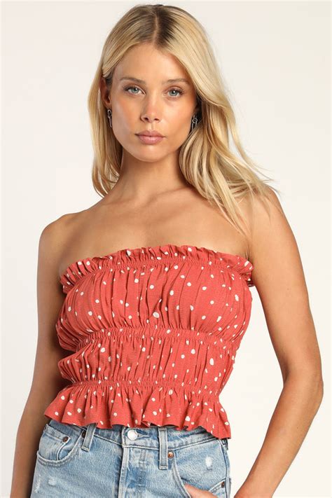 Rust Red Dotted Top Smocked Tube Top Strapless Top Crop Top Lulus