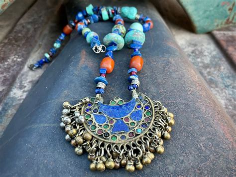 Vintage Afghan Lapis Lazuli Inlay Pendant And Turquoise Bead Necklace