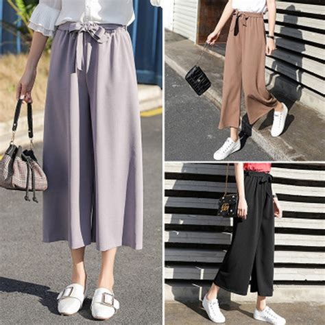 Women Wide Leg Pants Loose Chiffon Casual Straight With Nine Points