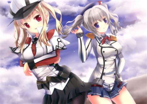 2girls Anthropomorphism Blonde Hair Blue Eyes Breast Hold Clouds Graf