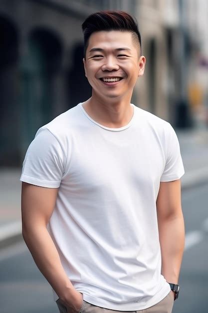 Premium AI Image A Man In A White Shirt Stands In Front Of A Gray Wall