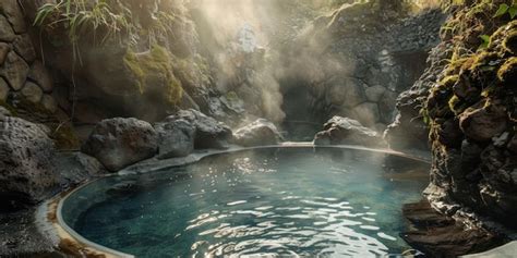 A Serene Hot Spring Surrounded By Nature With Steam Rising And Tranquil Waters Reflecting The