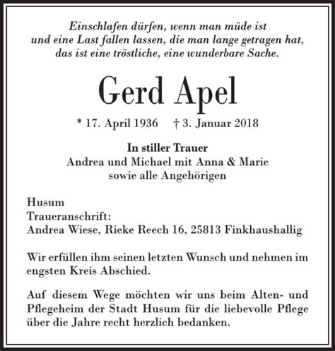 Traueranzeigen Von Gerd Apel Sh Z Trauer