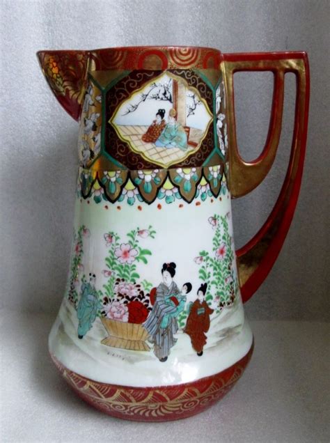 Hand Painted Kutani Japan Porcelain Water Pitcher Ewer Jug Geisha Motif