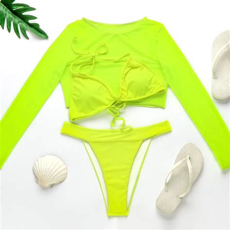 2020 Neon Green Bikini Ribbed Fabric Sexy Girls Woman Swimwear Women