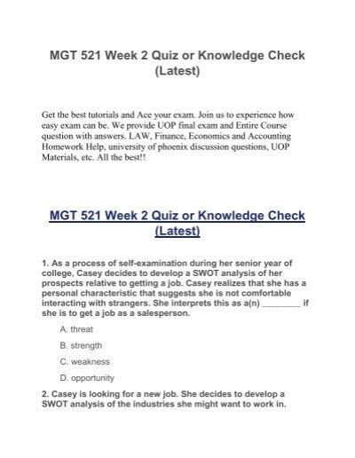 Mgt Week Quiz Or Knowledge Check Latest Uop Homework Tutorial