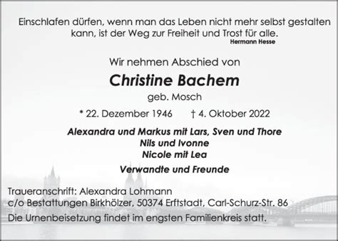 Traueranzeigen Von Christine Bachem Wirtrauern