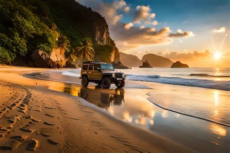 Premium AI Image | Jeep on the beach with mountains in the background