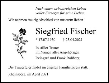 Traueranzeigen Von Siegfried Fischer Trauer Anzeigen De