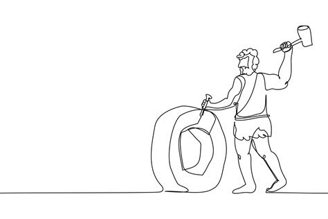 Single One Line Drawing Caveman Inventing The Wheel Prehistoric