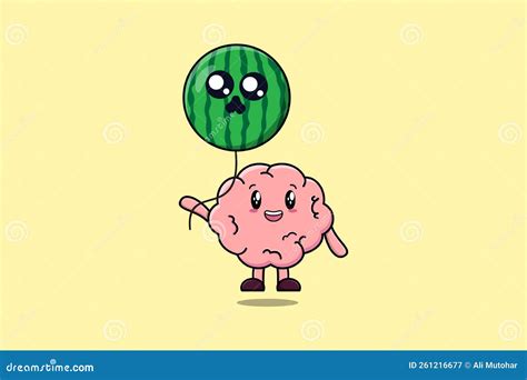 Cute Cartoon Brain Floating With Brain Balloon Stock Vector