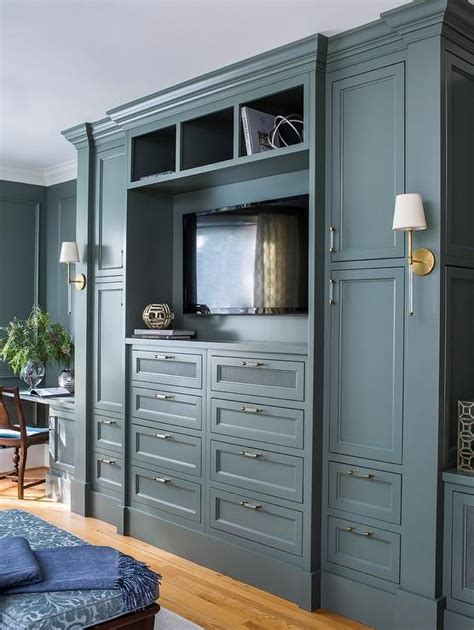 Camille Long Sconces on Gray Built-In Cabinets with Glass and Brass Pulls