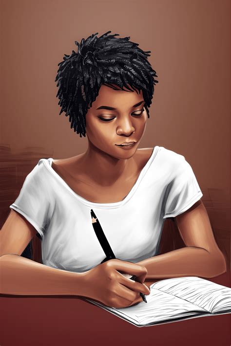 Beautiful African American Woman Writing At Table Enhanced Illustration · Creative Fabrica