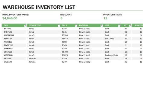 Warehouse Inventory Excel Template