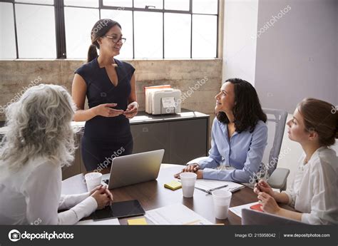 Female Manager Glasses Addressing Businesswomen Meeting — Stock Photo ...