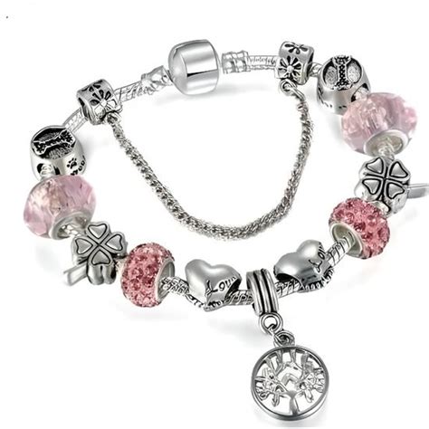 20 cm Bracelet Charm s Arbre de Vie Cristal Rose Argent Fin Rhodié Rose