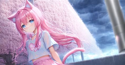 Cute Crying Pink Cat Girl In The Rain Sefinekのイラスト Pixiv