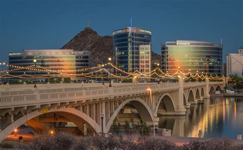 Tempe Town Lake Bridge Arizona. Mill Ave skyline sunset. | Tempe town ...
