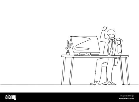 Single Continuous Line Drawing Happy Businessman Sitting On Workplace