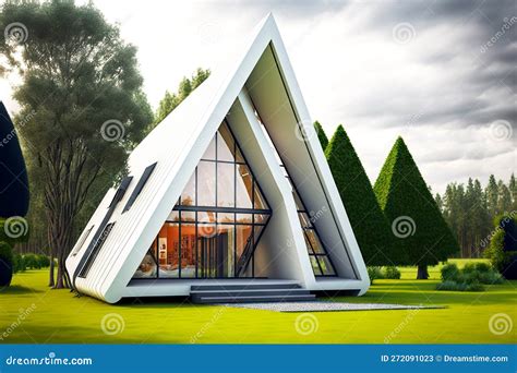 Beaful Modern House With Triangle Roof With Flat Paths And Lawns Stock