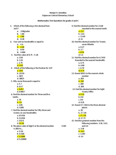 Quiz Bee Sample Questions Pdf Numbers Decimal
