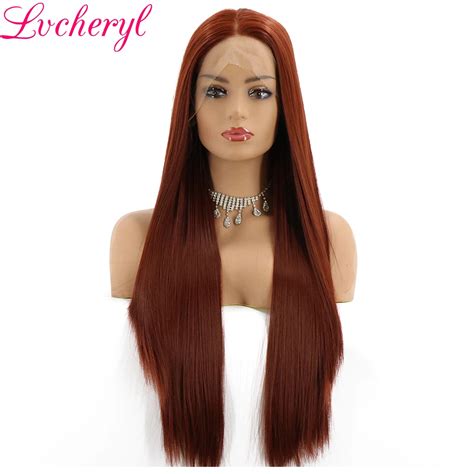 Lvcheryl Reddish Brown Long Natural Straight Glueless Synthetic Lace Front Wig High Density Heat