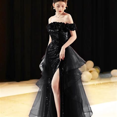 Black Off Shoulder Evening Dress Engagement Wedding Dress Birthday