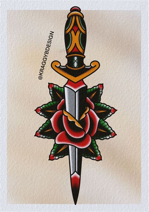 Sailor Jerry Dagger Rose Traditional Tattoo Flash Print I Ship