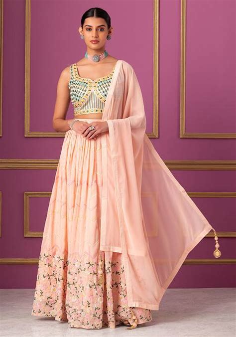 Buy Women Pastel Pink Floral Mirror Embellished Lehenga Set With