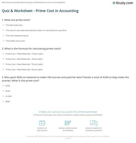 Quiz And Worksheet Prime Cost In Accounting