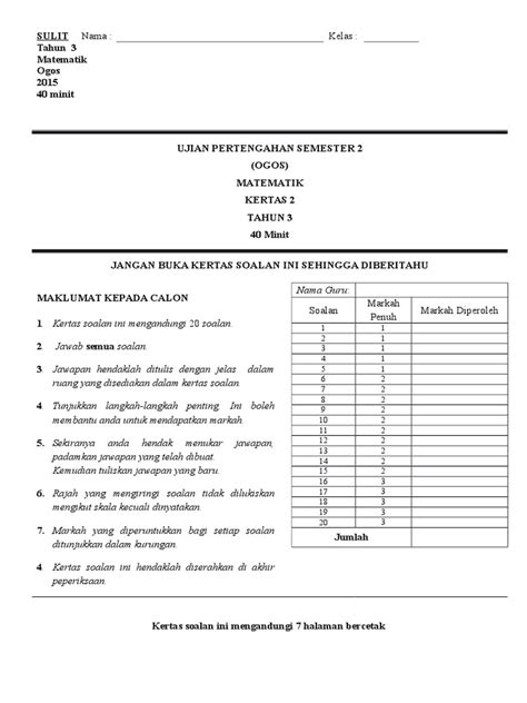 PDF SOALAN Matematik Tahun 3 Kertas 2 DOKUMEN TIPS