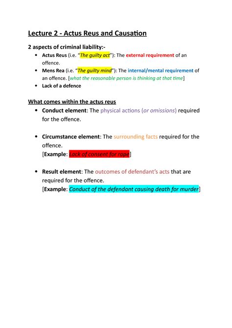 Lecture Actus Reus Causation Lecture Actus Reus And