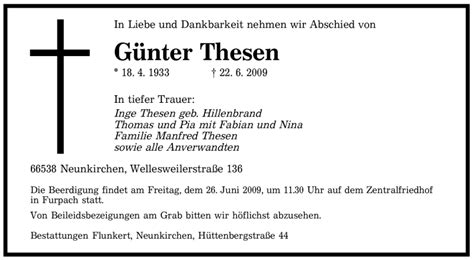 Traueranzeigen von Günter Thesen Saarbruecker Zeitung Trauer de