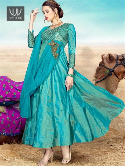 Lovely Turquoise Silk Designer Embroider Anarkali Suit Flared Gown