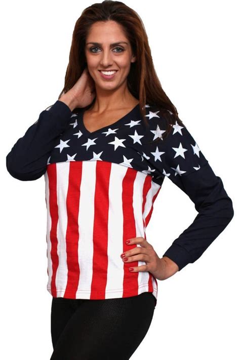 Women S Juniors USA Flag V Neck Long Sleeve Shirt Stars Stripes