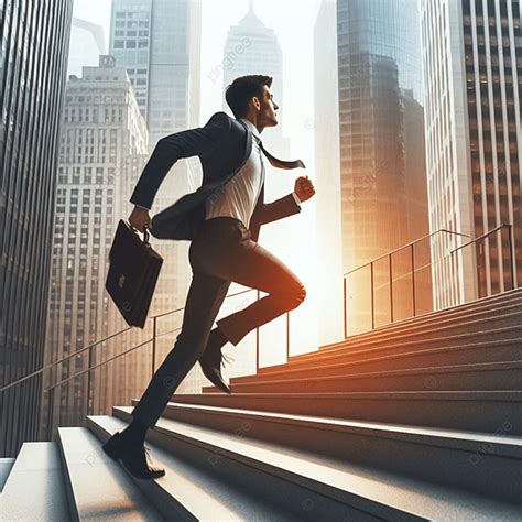 Businessman Running Up Stair To Reach Goal For Success Concepts