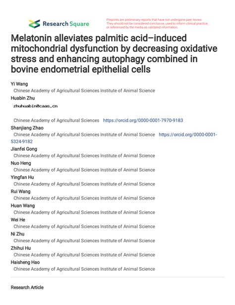 Pdf Melatonin Alleviates Palmitic Acidinduced Mitochondrial