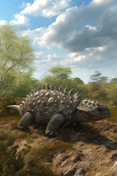 Premium Ai Image A Dinosaur With A Spiked Tail Sits On A Rocky Terrain