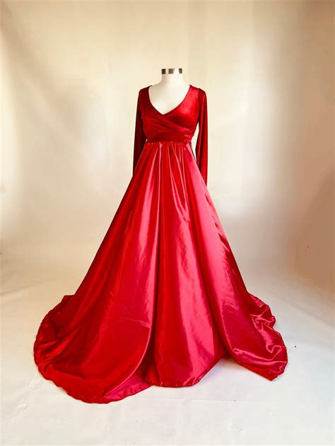 Red Satin Maternity Evening Gown Velvet Elopement Dress Etsy New Zealand