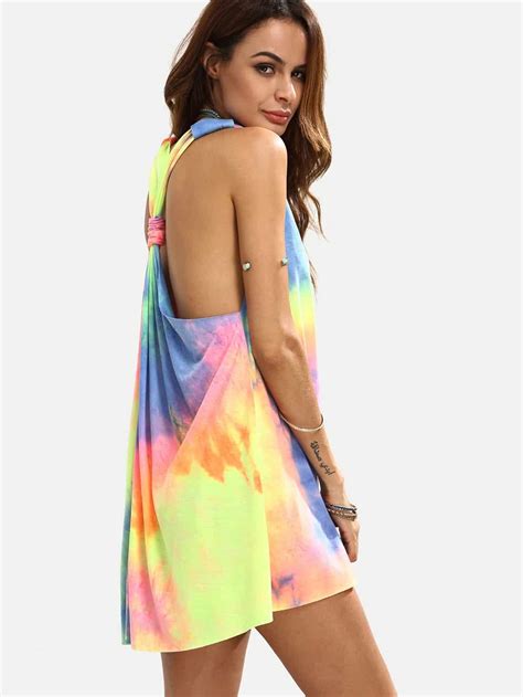 Multicolor Tie Dye V Neck Sleeveless Knotted Shift Dress SheIn Sheinside