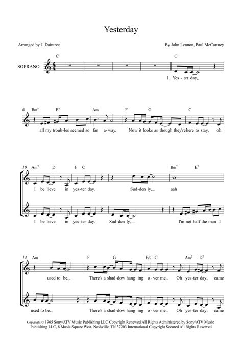 Yesterday Arr J Daintree By Adam Levine And Tony Lucca Sheet Music