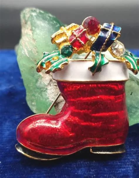 Vintage Rhinestone Enamel Santa Claus Boot Brooch Pin Christmas