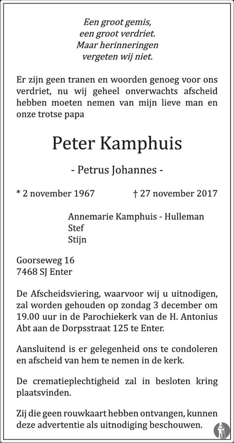 Petrus Johannes Peter Kamphuis Overlijdensbericht En