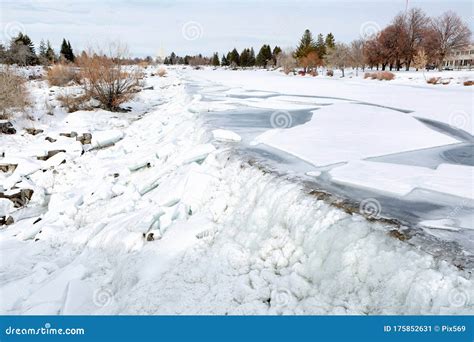 Ice on the Waterfall that the City of Idaho Falls, Idaho is Named after. Stock Image - Image of ...