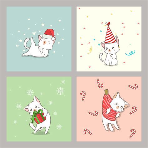 Hand Drawn Christmas Cat Cards Set Vector Art At Vecteezy