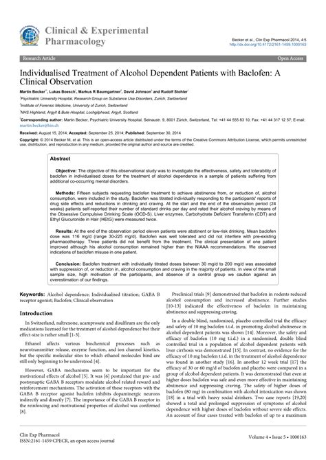 (PDF) Individualised Treatment of Alcohol Dependent Patients with Baclofen: A Clinical Observation