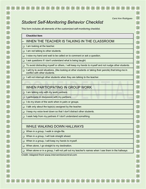 This Is The Self Monitoring Behavior Checklist I Made For The Student