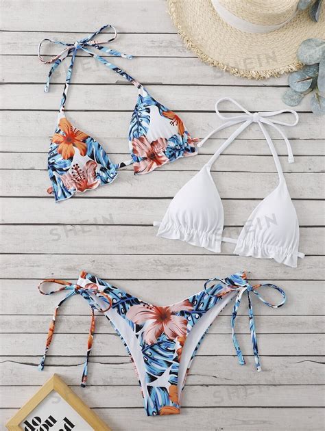 Shein Swim Random Tropical Print Bikini Set Frill Trim Halter Triangle