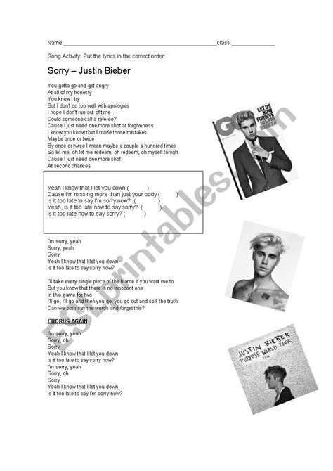 Song Activity Sorry By Justin Bieber Esl Worksheet By Renata Nog